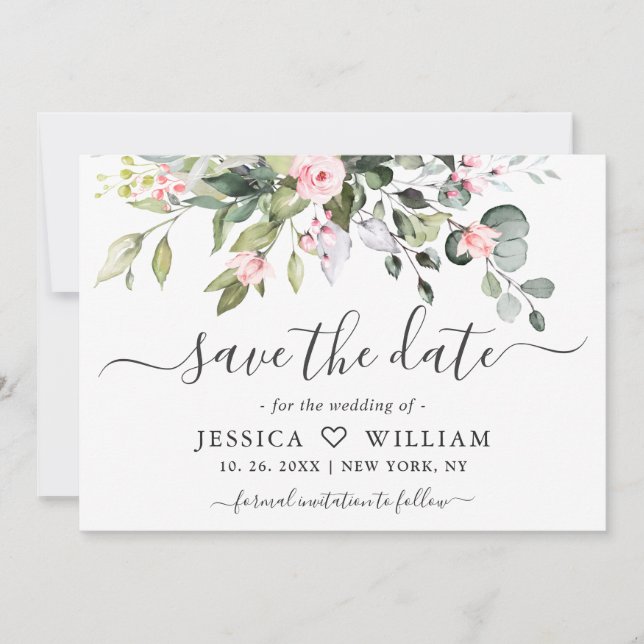 Save The Date PHOTO Elegant Eucalyptus rose Blush Rose Mariage (Devant)