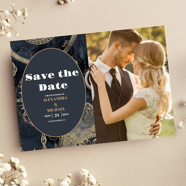 Save The Date Photo Élégant Mariage Céleste Argent Or (Créateur téléchargé)