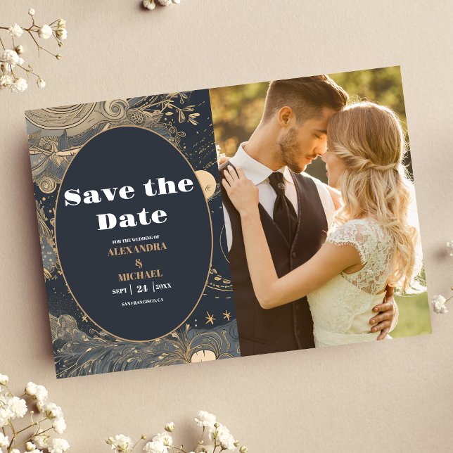 Save The Date Photo Élégant Mariage Céleste Argent Or (Créateur téléchargé)