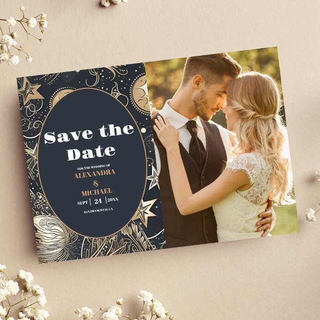 Save The Date Photo Élégant Mariage Céleste Argent Or (Créateur téléchargé)