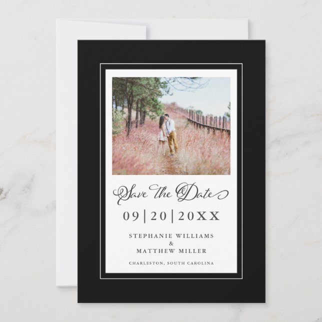 Save The Date Photo Elegant Script Mariage Bordure noire (Devant)