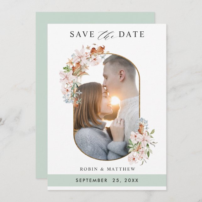 Save The Date Photo Elégante de la Terre fleurit avec Mariage ve (Devant / Derrière)