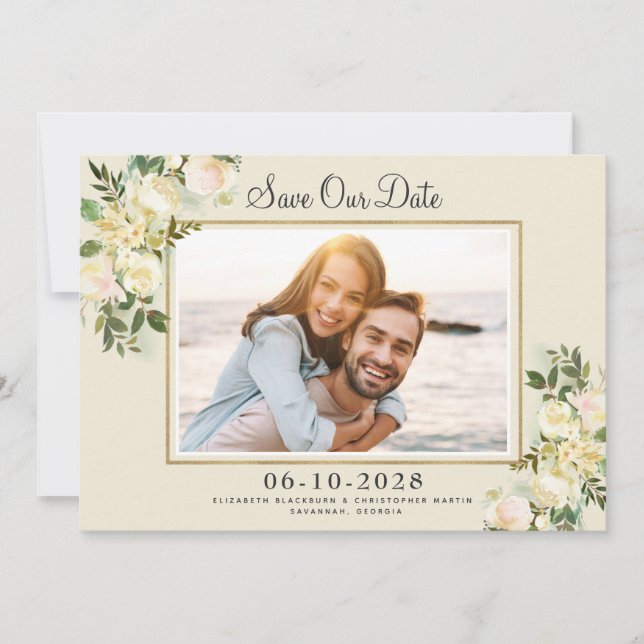 Save The Date Photo élégante Enregistrer la date Gold Frame Flor (Devant)