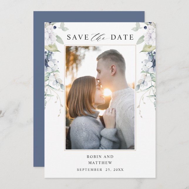 Save The Date Photo élégante, Marine et Mariage floral blanc (Devant / Derrière)