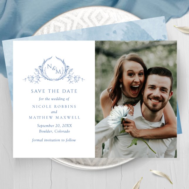 Save The Date Photo Élégante Monogramme Bleu Mariage Enregistrer (Créateur téléchargé)