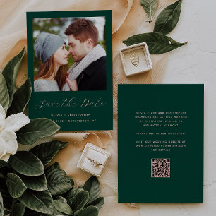 Save The Date Photo Emerald Green Blush Script QR Code