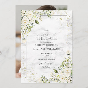 Save The Date Photo en or floral blanc gris clair Enregistrer la