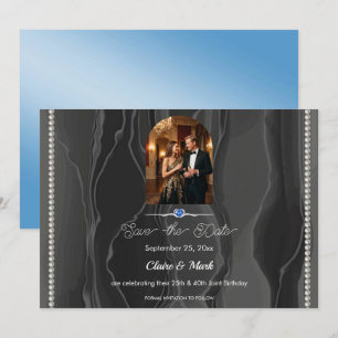 Save The Date Photo en soie noire d'anniversaire commun Bleu Sap