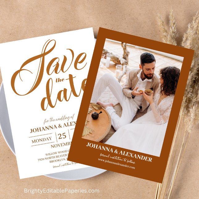 Save The Date Photo en terre cuite moderne Boho Pampas Mariage e (Experience the Charm of Pampas Grass with Our Modern Terracotta Boho Wedding Invitations.)