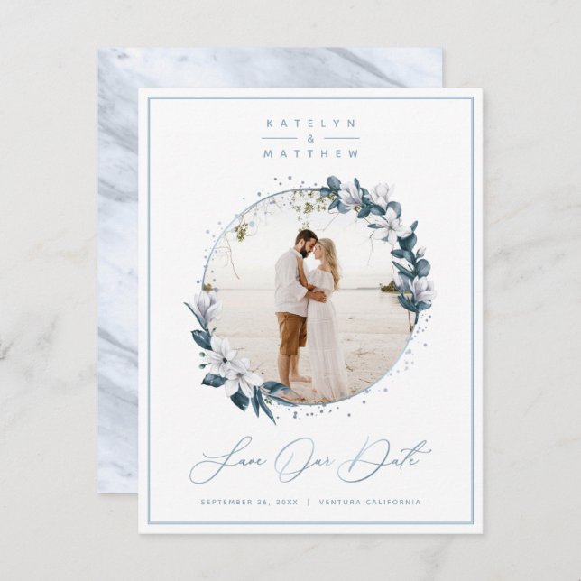 Save The Date Photo encadrée de Magnolia Floral & Dusty Blue Cir (Devant / Derrière)