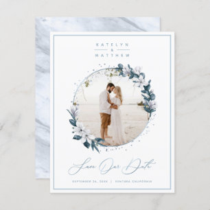 Save The Date Photo encadrée de Magnolia Floral & Dusty Blue Cir