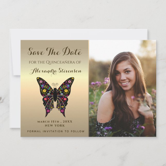 Save The Date Photo Enregistrer La Date Gold Quinceanera Papillo (Devant)