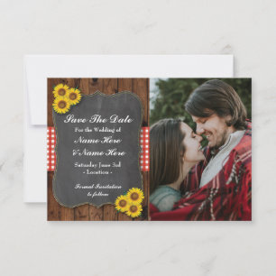 Save The Date Photo Enregistrer La Date Sunflower Red Chalk Wood