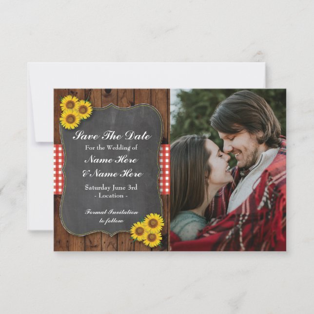 Save The Date Photo Enregistrer La Date Sunflower Red Chalk Wood (Devant)