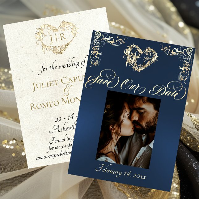 Save The Date Photo et monogramme du cœur - Bleu (Créateur téléchargé)