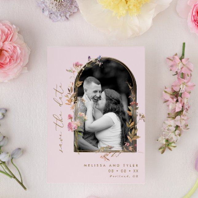 Save The Date Photo Fleur sauvage Blush et Gold Arch (Créateur téléchargé)