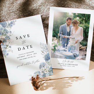 Save The Date Photo Fleurs Aquarelle Bleu Poussiéreux Mariage
