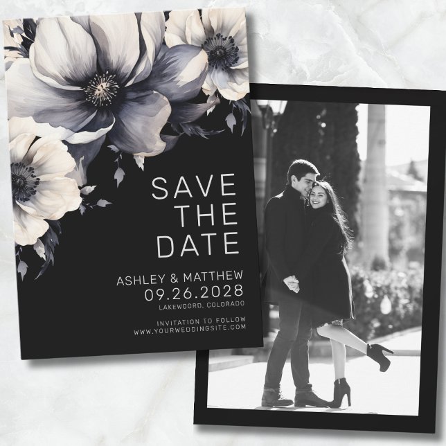 Save The Date Photo Fleurs Noires de Mariage (Photo Chic Modern Elegant Black Floral Wedding Save The Date)