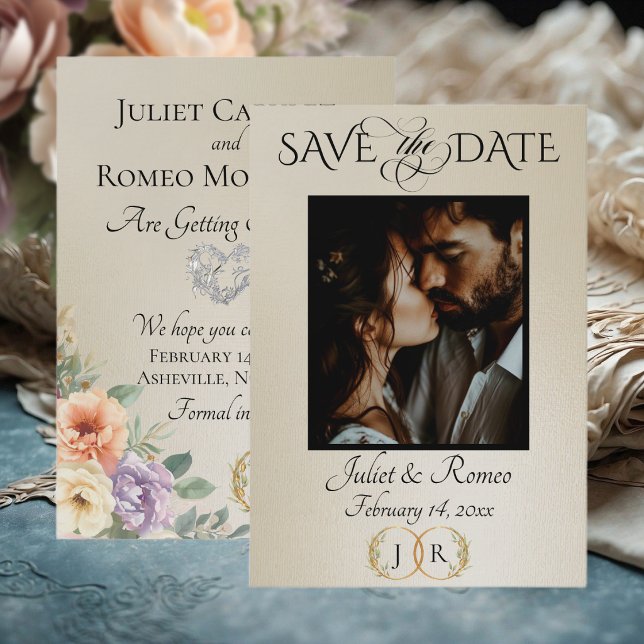 Save The Date Photo, Fleurs sauvages et monogramme de feuille -  (Créateur téléchargé)
