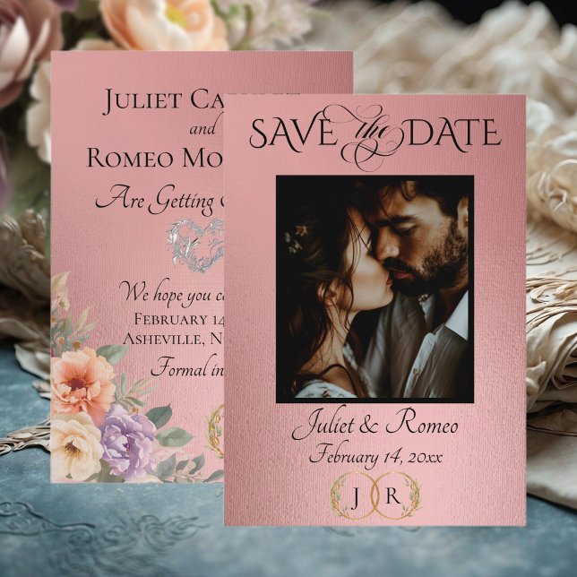 Save The Date Photo, Fleurs sauvages et monogramme feuille - Or  (Créateur téléchargé)
