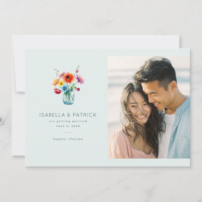 Save The Date Photo Floral Bleu Joyeux (Devant)