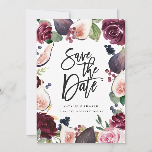 Save The Date Photo floral rose, bordeaux et figue (Devant)