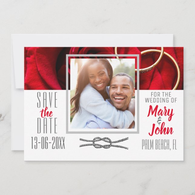 Save The Date Photo Floral Rose rouge avec Mariage anneau (Devant)
