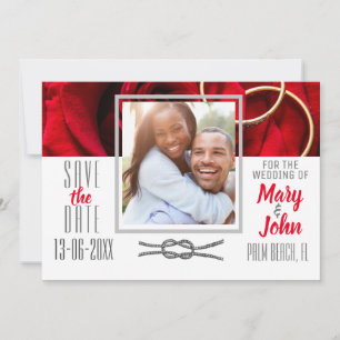 Save The Date Photo Floral Rose rouge avec Mariage de l'anneau