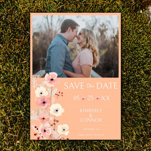Save The Date Photo florale Boho moderne Enregistrer la date | P (Peach Fuzz Modern Boho Floral Photo Save the Date)