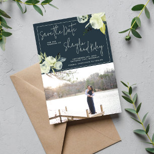 Save The Date Photo florale enchantée de minuit bleu