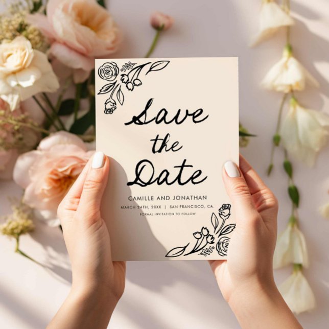 Save The Date Photo florale lunaire Enregistrer la date (Whimsical Floral Photo Save the Date Card)