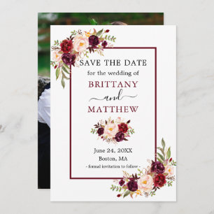 Save The Date Photo florale moderne Elégant Bourgogne