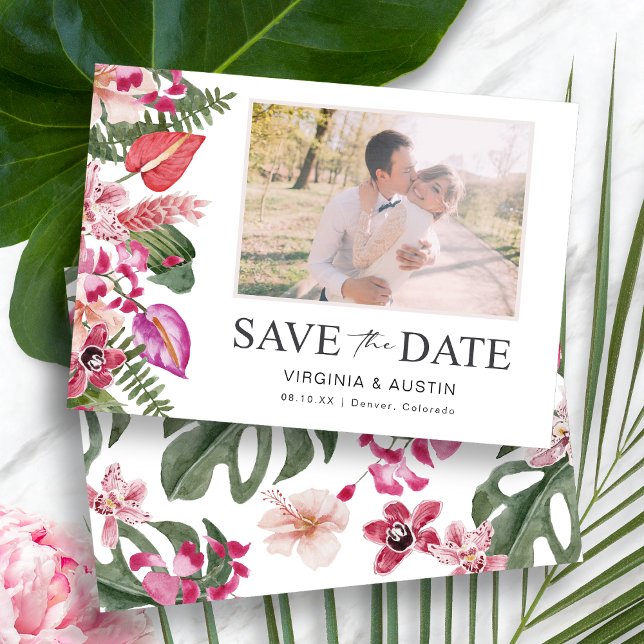 Save The Date Photo florale tropicale colorée (Colorful Tropical Watercolor Floral Photo Save The Date Card by Painted Paperie
)