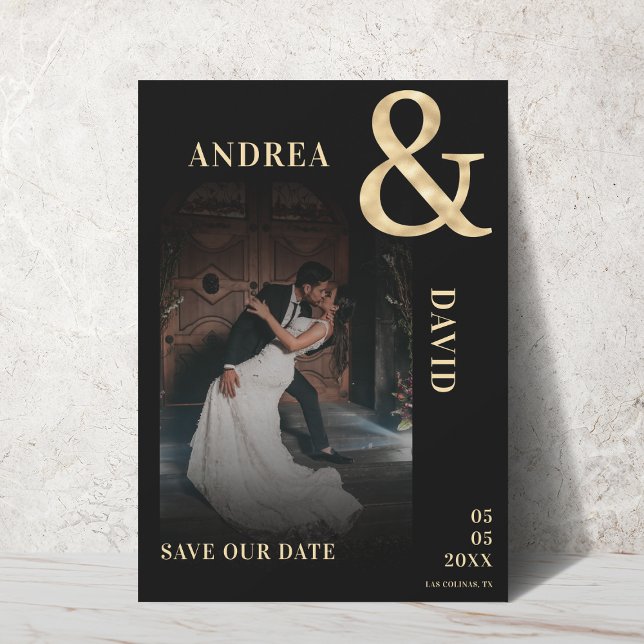 Save The Date Photo foncé délavé & Ampersand doré Mariage noir   (Créateur téléchargé)