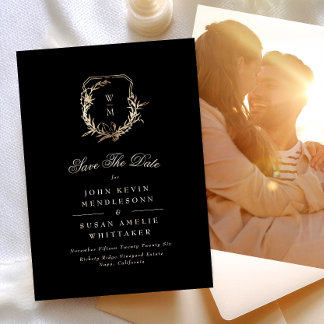 Save The Date Photo Formelle Black & Cream Monogram Gold Crest
