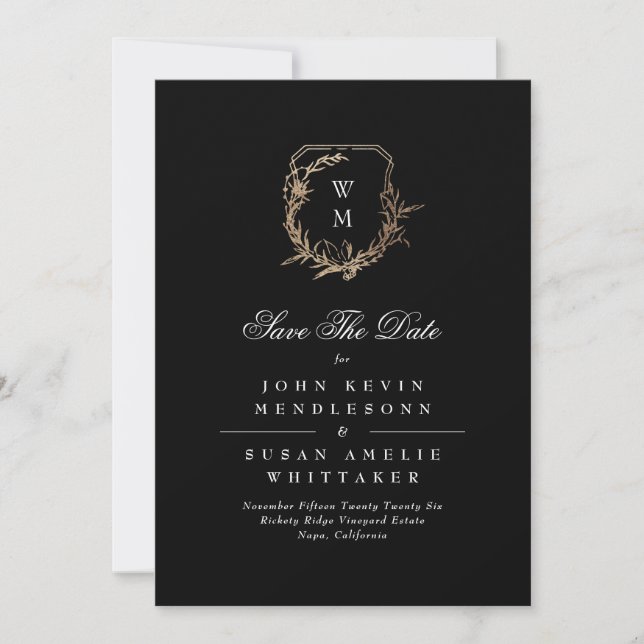 Save The Date Photo Formelle Blanc Noir Monogramme Gold Crest (Devant)