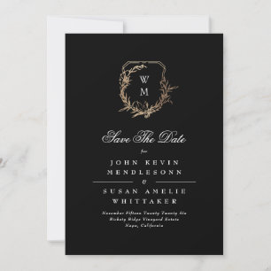Save The Date Photo Formelle Blanc Noir Monogramme Gold Crest