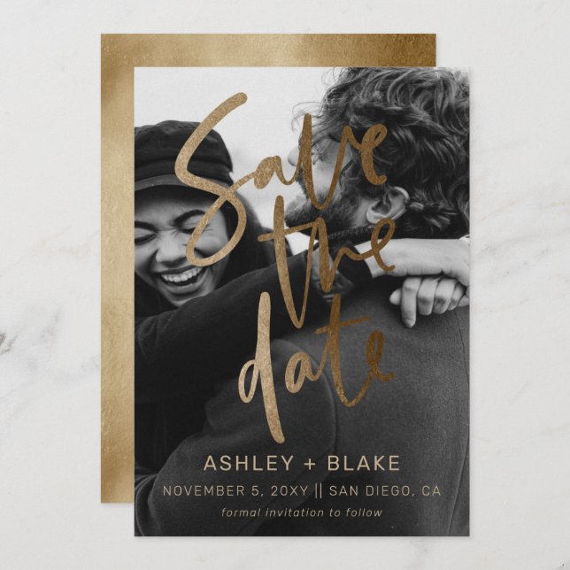 Save The Date Photo Gold Simple manuscrite calligraphie (Devant / Derrière)