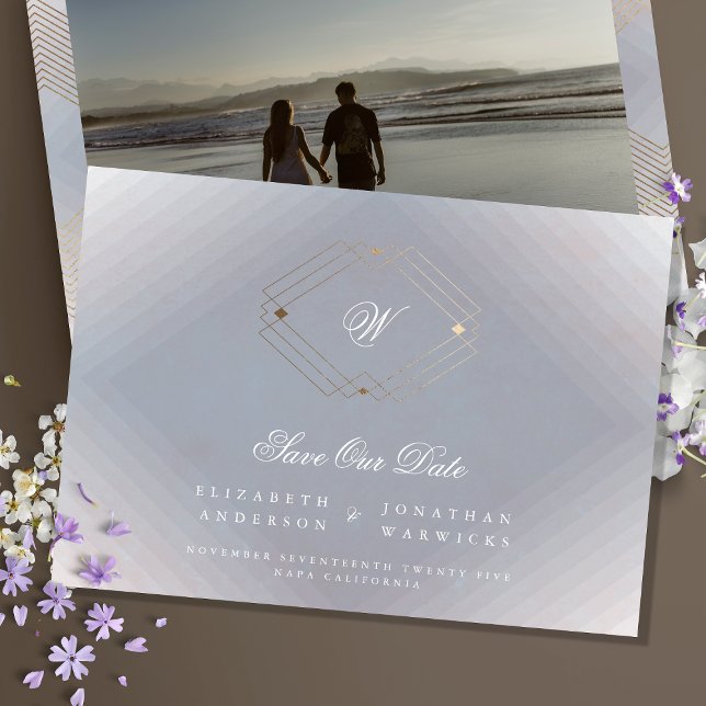 Save The Date photo gris blanc classique déco or monogramme (Créateur téléchargé)