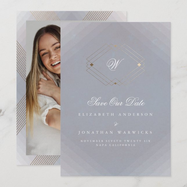 Save The Date photo gris blanc classique déco or monogramme (Devant / Derrière)