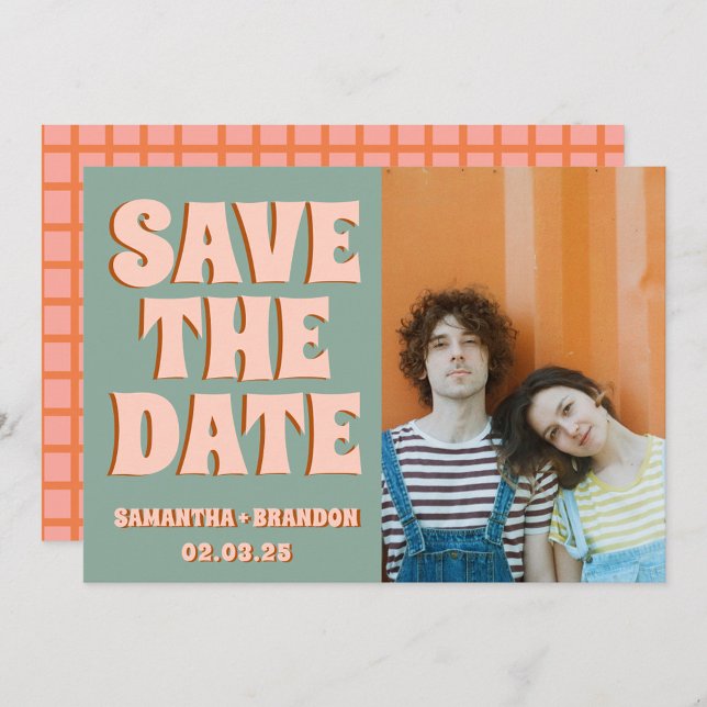 Save The Date Photo Groovy Bleu Rose Rouge Funky  (Créateur téléchargé)