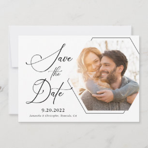 Save The Date Photo Hexagon moderne Script noir et blanc