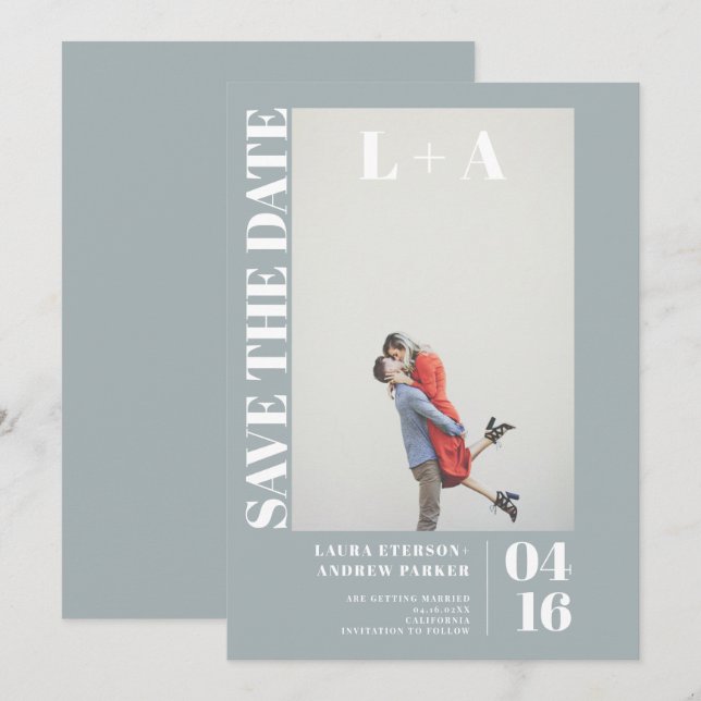 Save The Date Photo initiale bleu poussiéreux moderne enregistre (Devant / Derrière)