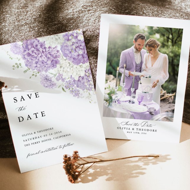 Save The Date Photo Lavender Lilac White Floral Wedding (Lavender white photo save the date card with hydrangea floral, lilac romantic wedding stationery)