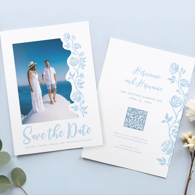 Save The Date Photo Light Blue Main tiré Rose QR Code Site Web (Créateur téléchargé)