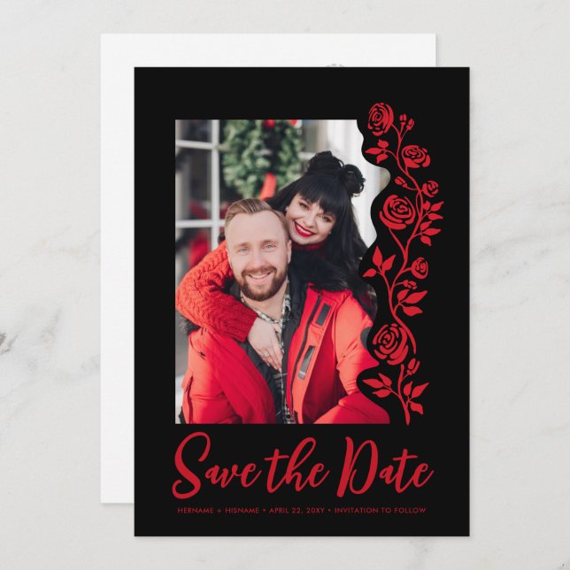 Save The Date Photo Main dessinée Roses Rouges Noir Gras Simple (Devant / Derrière)