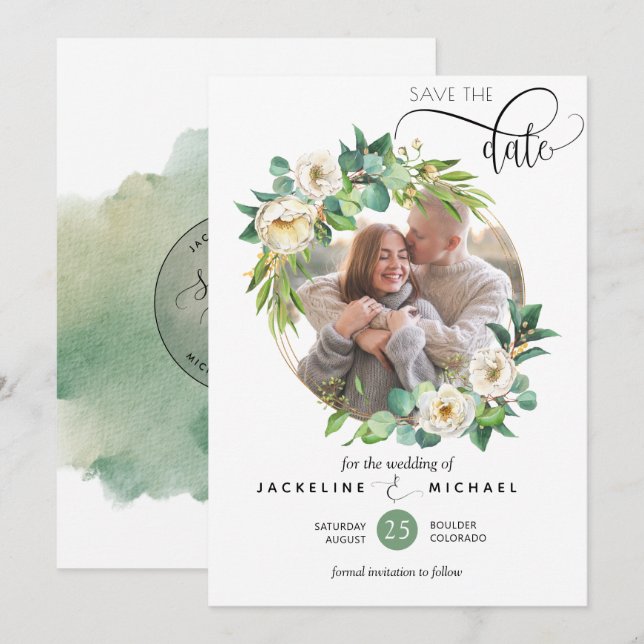 Save The Date Photo, mariage blanc et verdoyant Sauvez la date (Devant / Derrière)