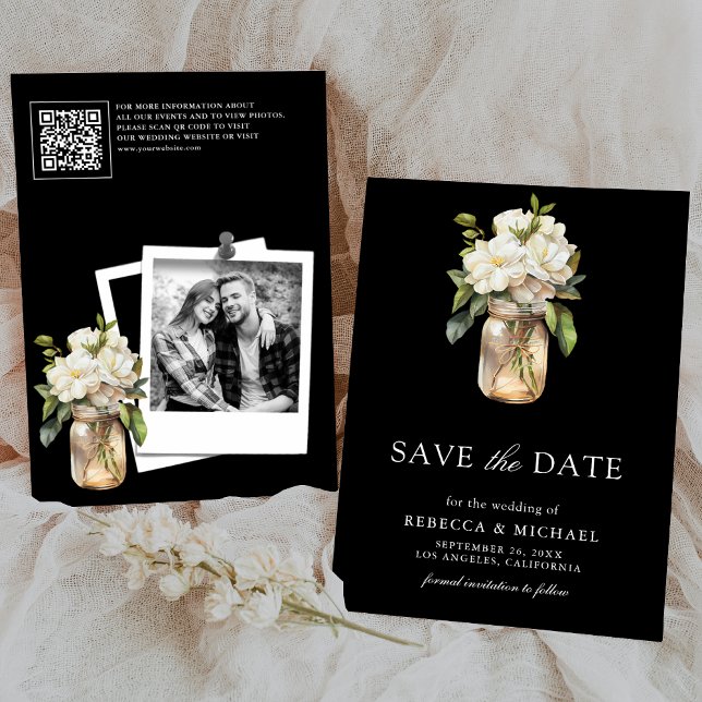 Save The Date Photo Mariage blanc Magnolia Floral Black QR Code (Créateur téléchargé)