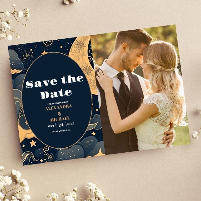 Save The Date Photo Mariage Céleste Bleu Nuit Or (Créateur téléchargé)