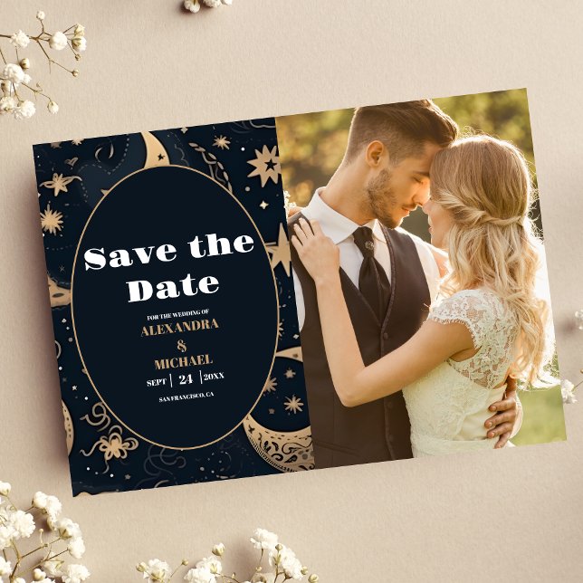 Save The Date Photo Mariage céleste d'or bleu nuit (Créateur téléchargé)